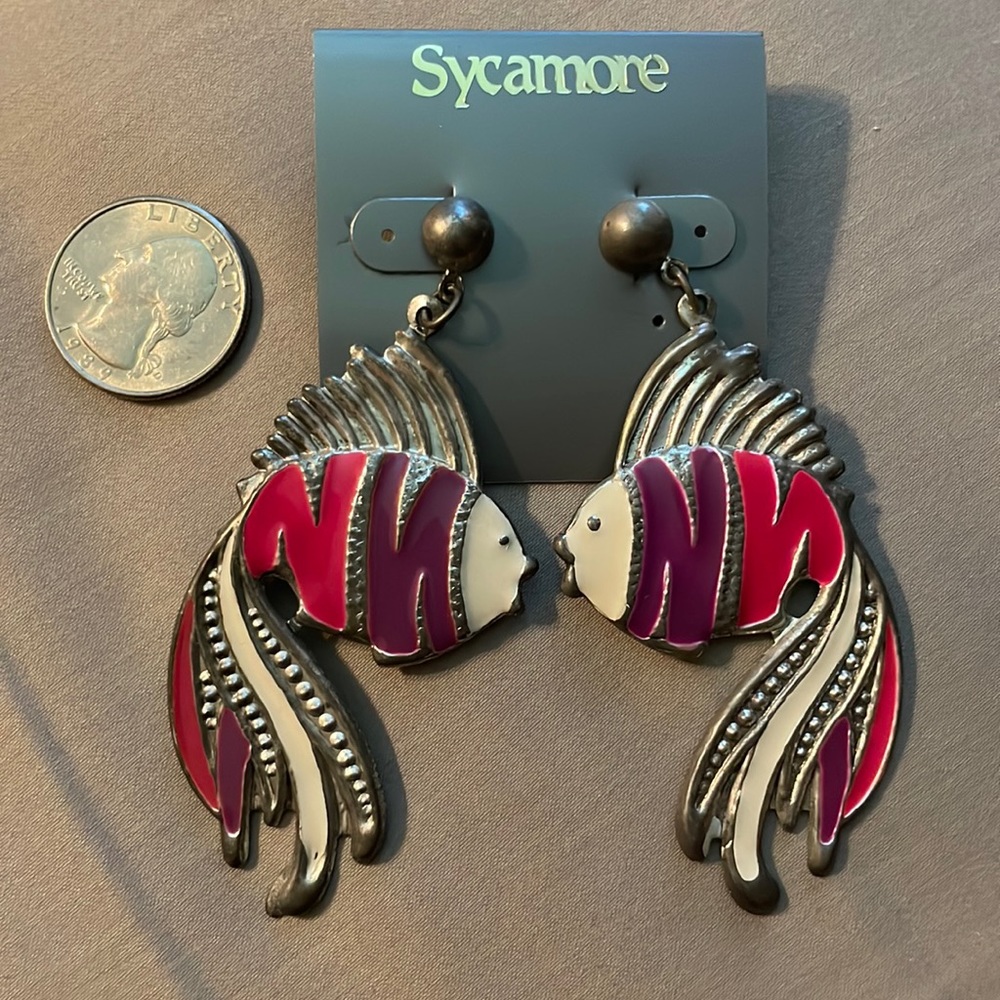 Colorful fish earrings silver, pink, purple, and white